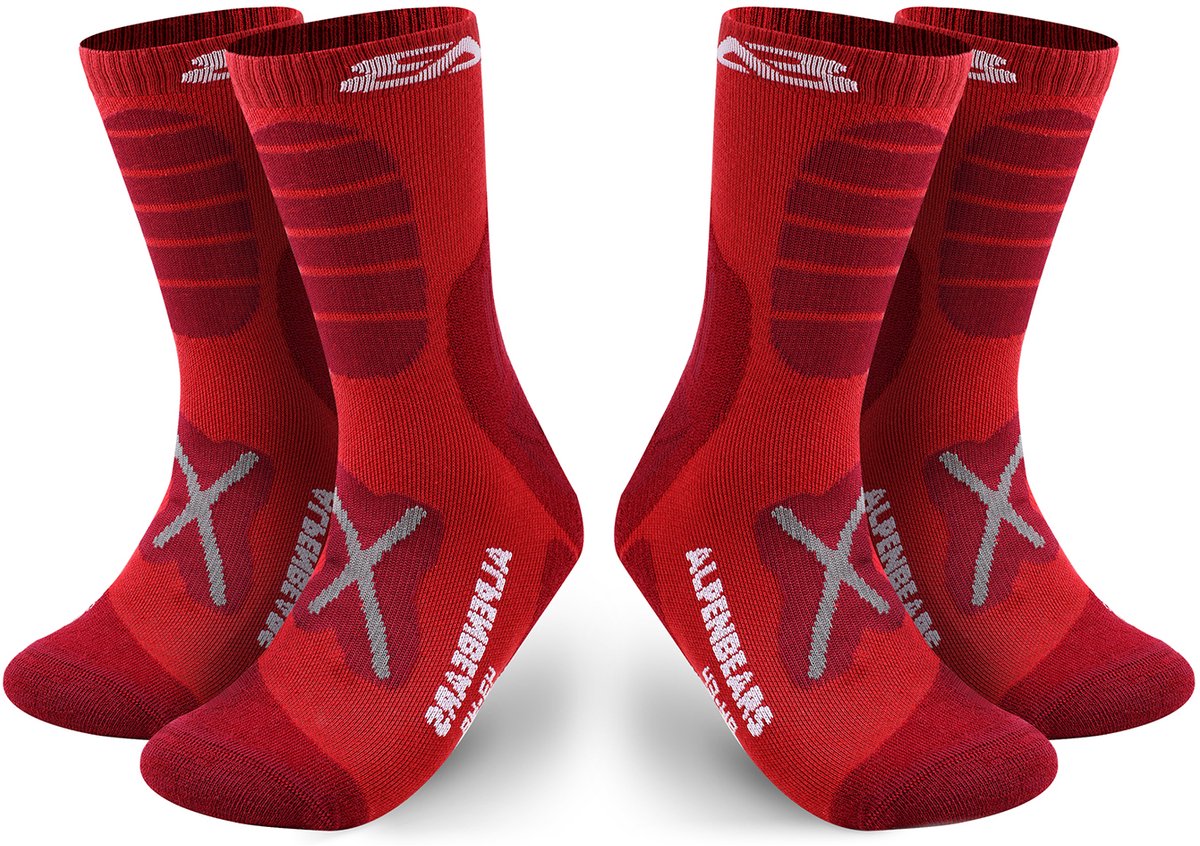 Alpen Bears Merino Wandelsokken – 2 Paar – Professionele Trekkingsokken voor Wandelen – Outdoor Sokken voor Dames Heren & Kinderen – Warme Merino Wandelsokken – Functionele Sokken – Trekking Sportsokken Rood