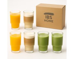 Geribbelde Drinkglazen - Longdrinkglazen - Set van 6 - 350 ml - Waterglazen - Limonadeglazen - Glazen - Koffieglazen - Theeglazen - latte macchiato glazen - matcha set