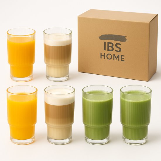 Geribbelde Drinkglazen - Longdrinkglazen - Set van 6 - 350 ml - Waterglazen - Limonadeglazen - Glazen - Koffieglazen - Theeglazen - latte macchiato glazen - matcha set