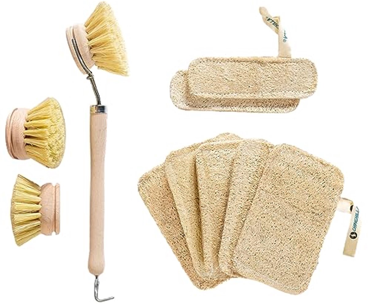 Set van 8 Loofah Sponsen en Keukenborstel met Vervangbare Heads