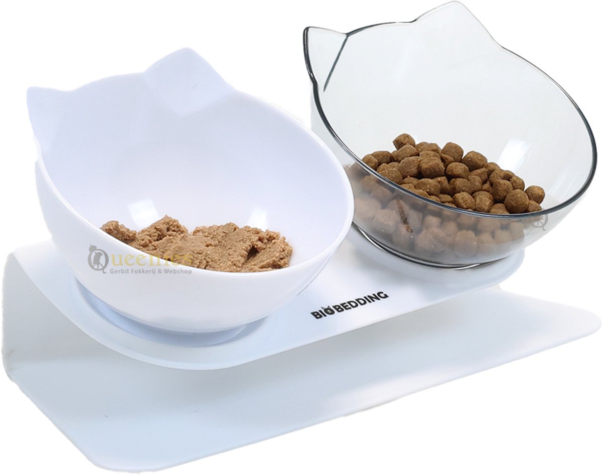 BioBedding Kattenvoerbak Dubbel Transparant Wit – 15° Kantelbaar – Ergonomische Eet- en Drinkbak – BPA-vrij – Antislip