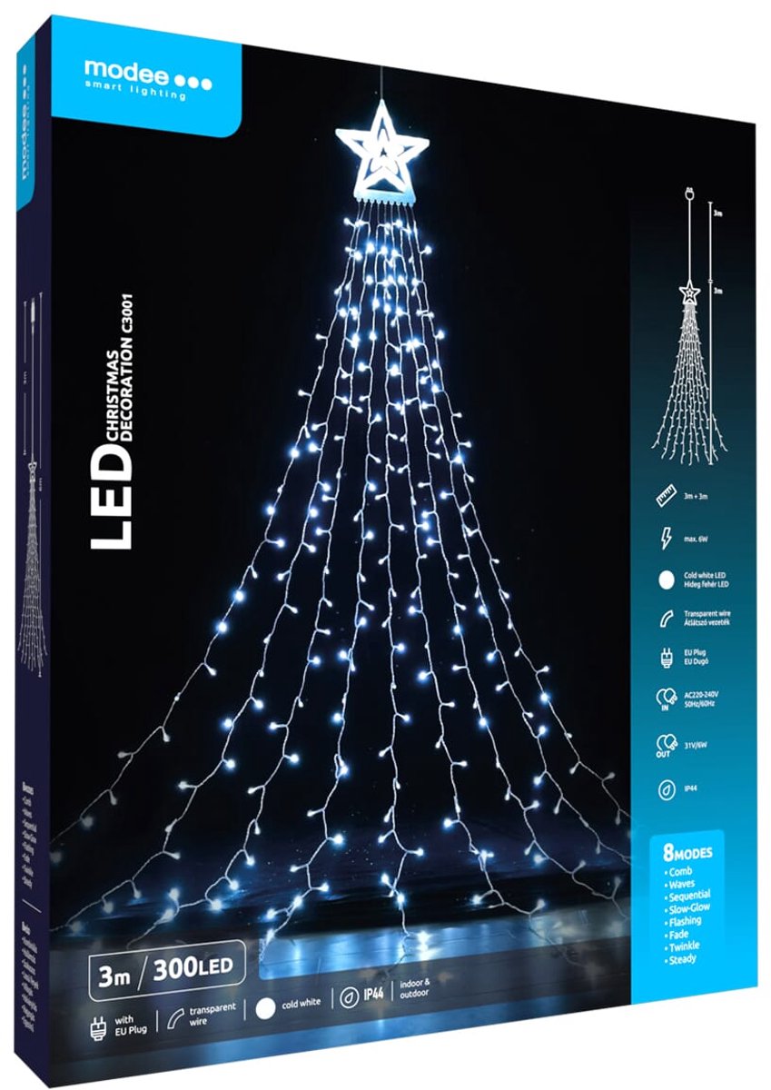 Modee Lichtsnoer Kerstboom met Ster 3 Meter - Kerstverlichting voor Buiten en Binnen - 300 LED Lampjes - 8 Lichtstanden - IP44 - 10.000K - Koud Wit Licht - Per stuk