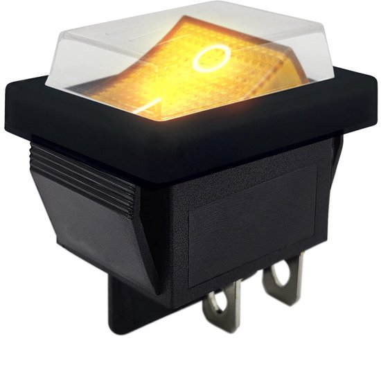 Een oranje wipschakelaar met transparante beveiligingskap en zwart frame, met metalen contacten. Het controlelampje is aan.