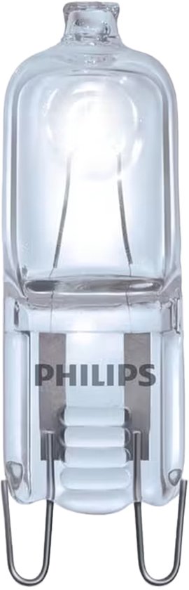 Philips halogeenlamp type G9 met een heldere glazen behuizing en metalen voet.