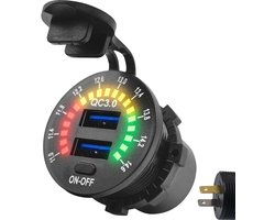 ProRide 12V USB Autolader 2 Poorten Inbouw met Schakelaar/Voltmeter - QC3.0 - USB Stopcontact, Boot en Camper