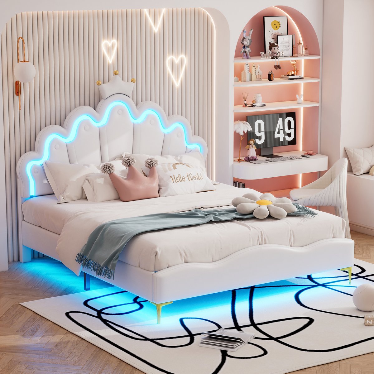 Pugsdrly Kroonvormig Prinsessenbed - 140*200 cm - plat - Tweepersoonsbedden - Kinderbedden - zachte bekleding van PU-leer - verstelbare LED-sfeerverlichting - wit