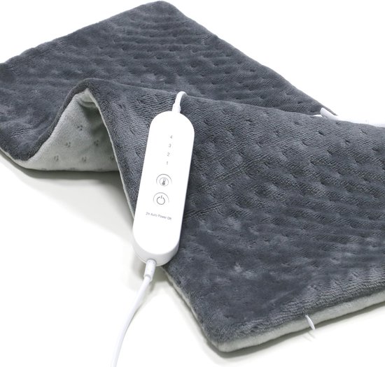 Een donkergrijs verwarmingskussen met een witte afneembare bedrade controller.