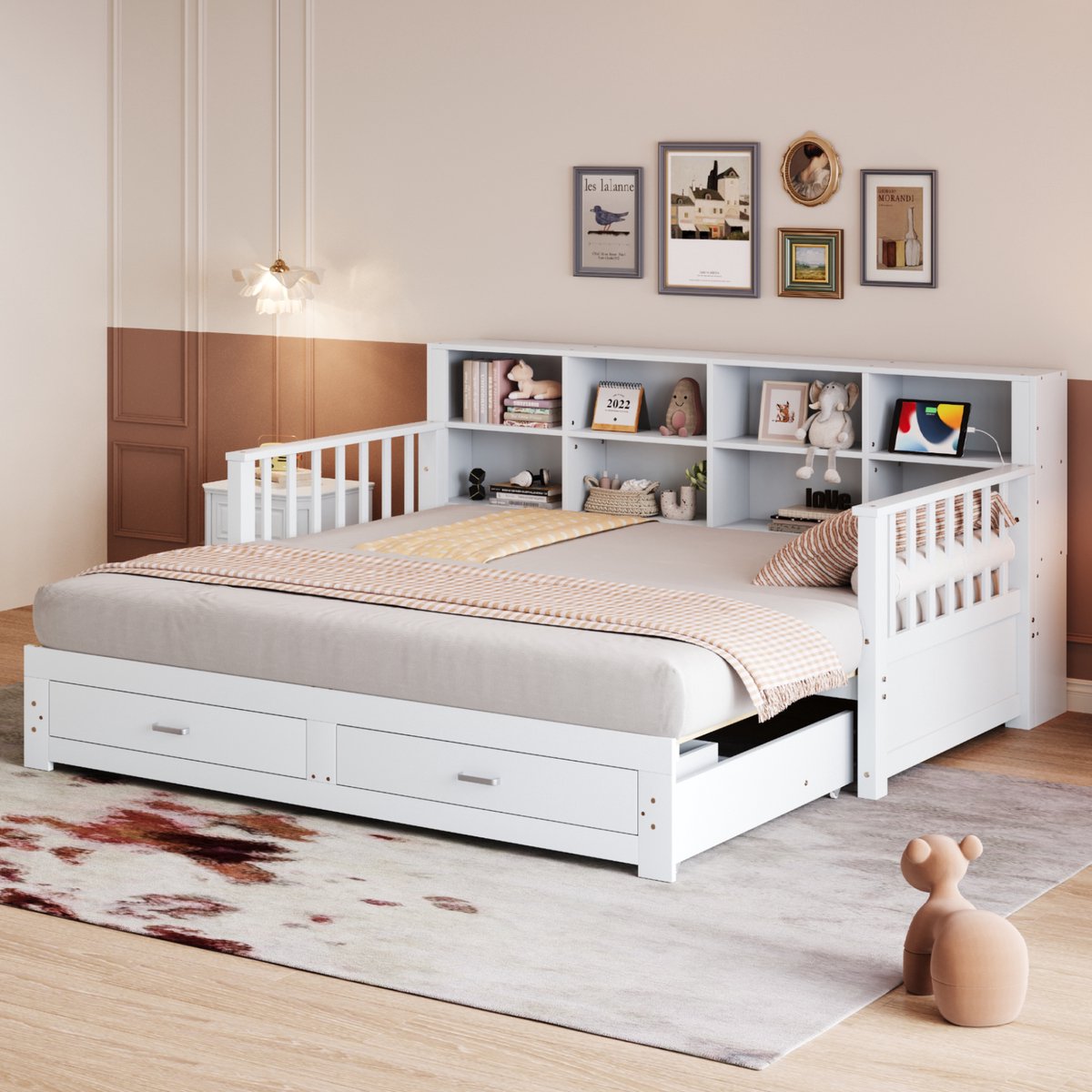 Merax Uitschuifbare slaapbank 90/180x190 cm - zijarmleuning met opbergkast en stopcontact - met 2 lades - wit - zonder matras