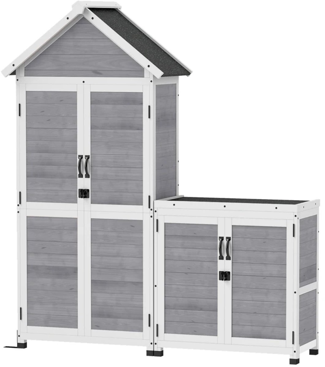 Houten Tuinschuur met Opbergkast - Tuinhuis - Tuinkast - met Verstelbare Planken & Afsluitbare Deuren - Gereedschapsschuur - Opslagruimte Tuin - Tuingereedschap Bewaren - Waterdicht - Lichtgrijs