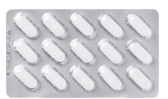 Blisterverpakking met 10 witte Davitamon magnesium tabletten.