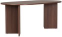Eettafel van donker hout met een ovaal blad en twee brede, rechthoekige poten.