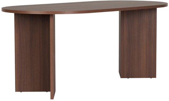 Eettafel van donker hout met een ovaal blad en twee brede, rechthoekige poten.