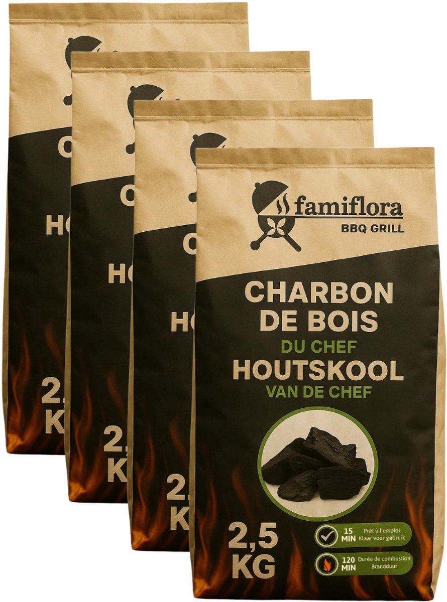 Famiflora houtskool 10KG (4x 2,5KG) voordeelverpakking - Barbecuehoutskool