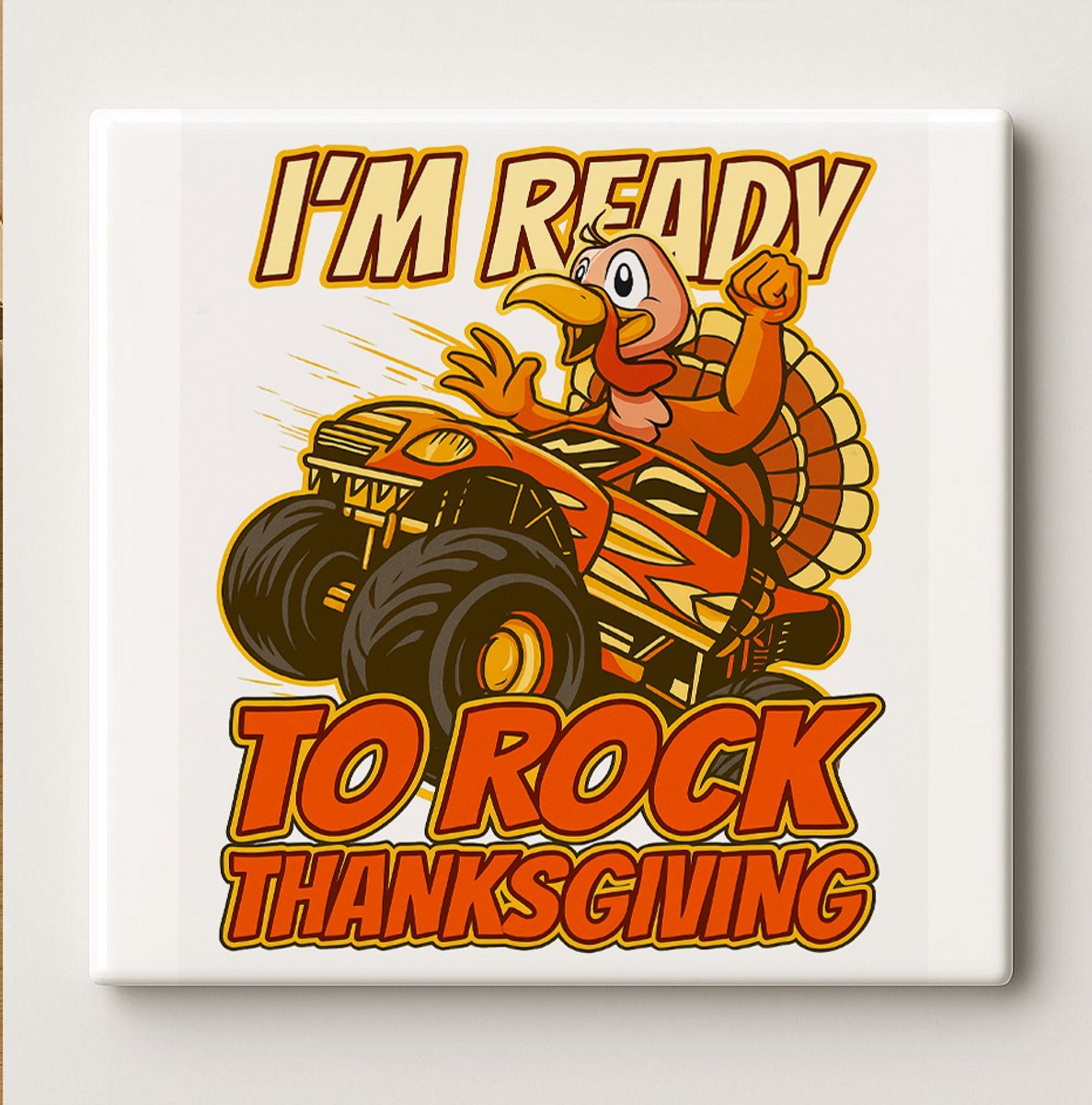 Nevolis “I’m Ready to Rock Thanksgiving” Grappige Kalkoen Tegel – 15x15cm Keramische Muurdecoratie, Feestelijk Cadeau voor Thanksgiving Liefhebbers of Keukendecoratie Multi Color