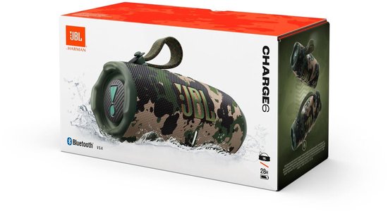 Verpakking van de JBL Charge 6 camouflage speaker, met afbeeldingen van het product en specificaties.