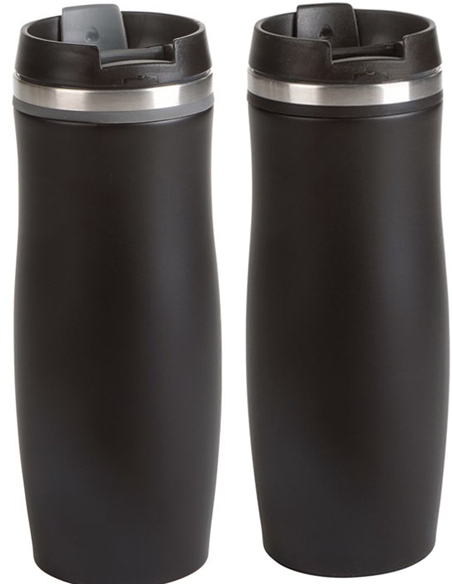 Thermosbekers - warmhoud drinkbekers - set 2x stuks - grijs en zwart - 400 ml - Isolerende drinkbekers - warme dranken - reisbekers