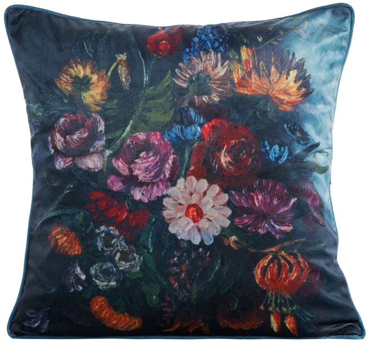 Fluwelen sierkussen 45x45 cm - Blauw/roze bloemmotief