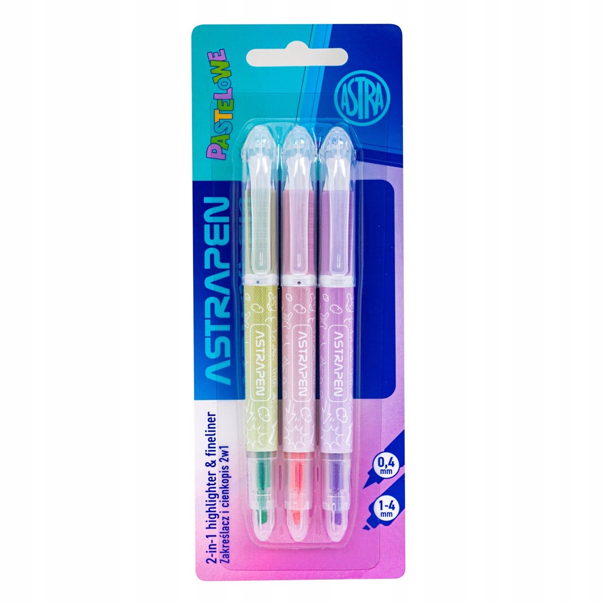 Astrapen 2-in-1 Pastel Markeerstift & Fineliner, 3 Stuks