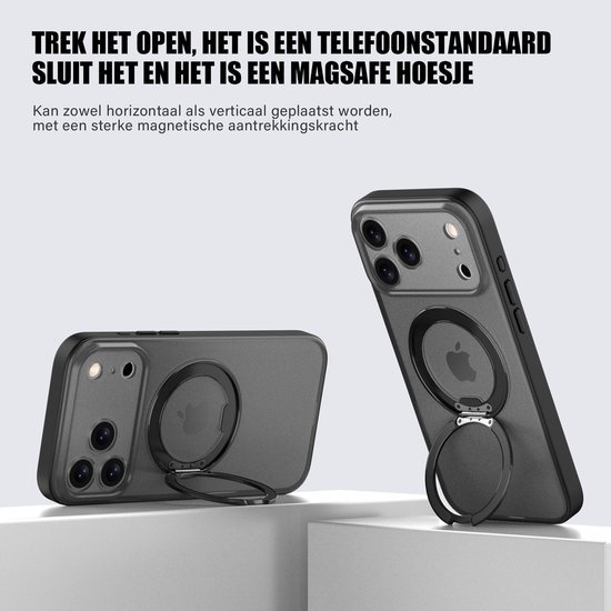 Coque IYUPP pour iPhone 15 - Compatible MagSafe - Support rotatif à 360 ° - Coque arrière magnétique avec béquille - Zwart