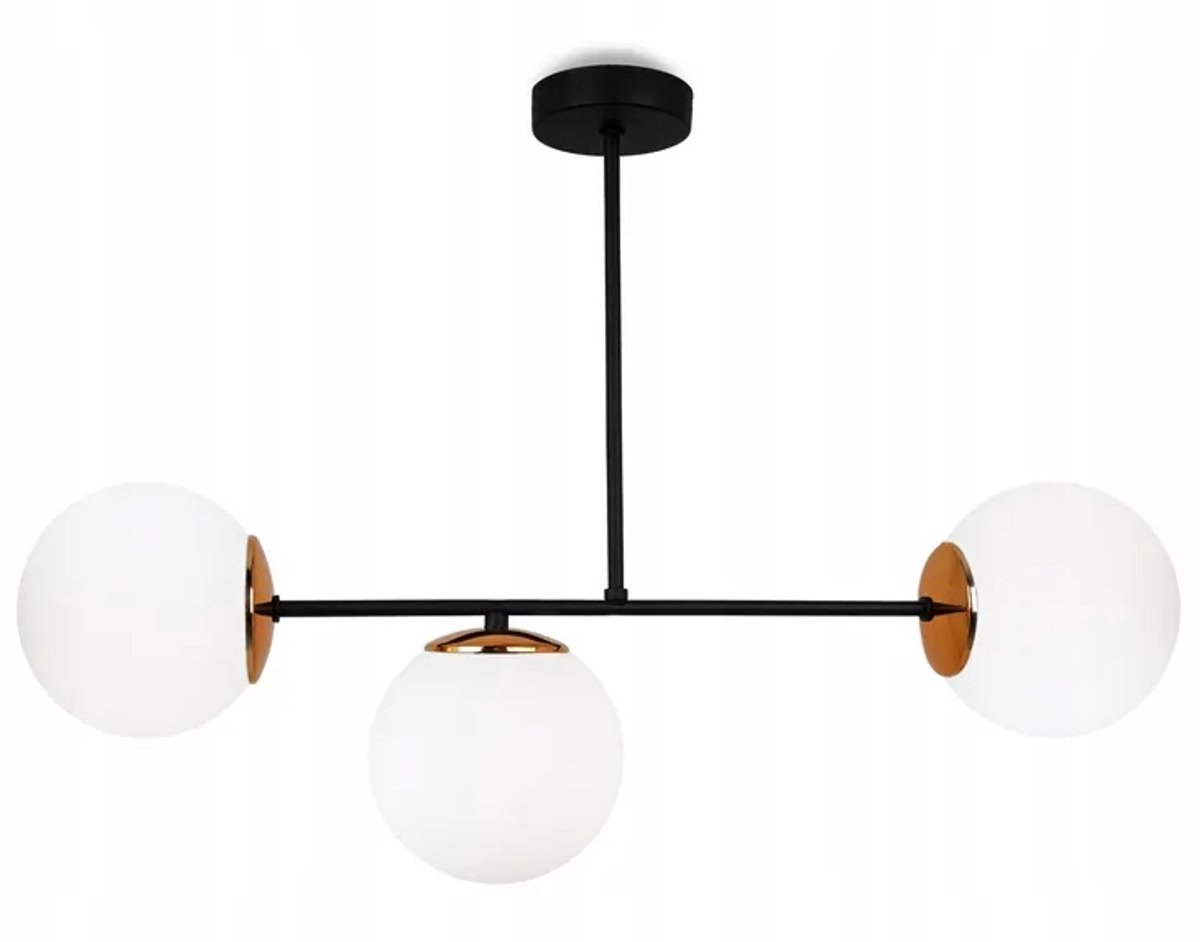 Zwarte Koperen Plafondlamp met 3 Witte Kappen voor Boven Tafel