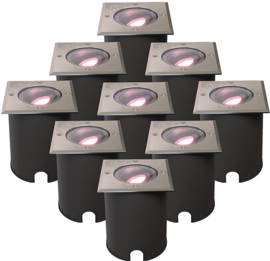 HOFTRONIC SMART HOFTRONIC - Set van 9 Cody Smart Grondspots XL RVS - Vierkant - Kantelbaar - RGB + WW - GU10 5,5W 345 Lumen - Smart Home tuinverlichting