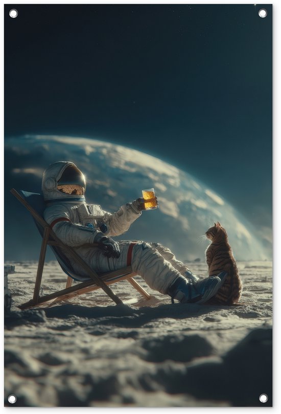 Tuinposter 60x90 cm - Tuindecoratie Astronaut - Kat - Glas - Stoel - Poster voor in de tuin - Buiten decoratie - Schutting tuinschilderij - Tuindoek muurdecoratie - Wanddecoratie balkondoek