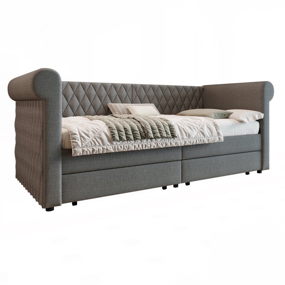 Merax Vintage Slaapbank Bed 90x200 cm – Kinderbed - Linnen Gestoffeerd Bed met 2 Opberglades en Lattenbodem - Grijs