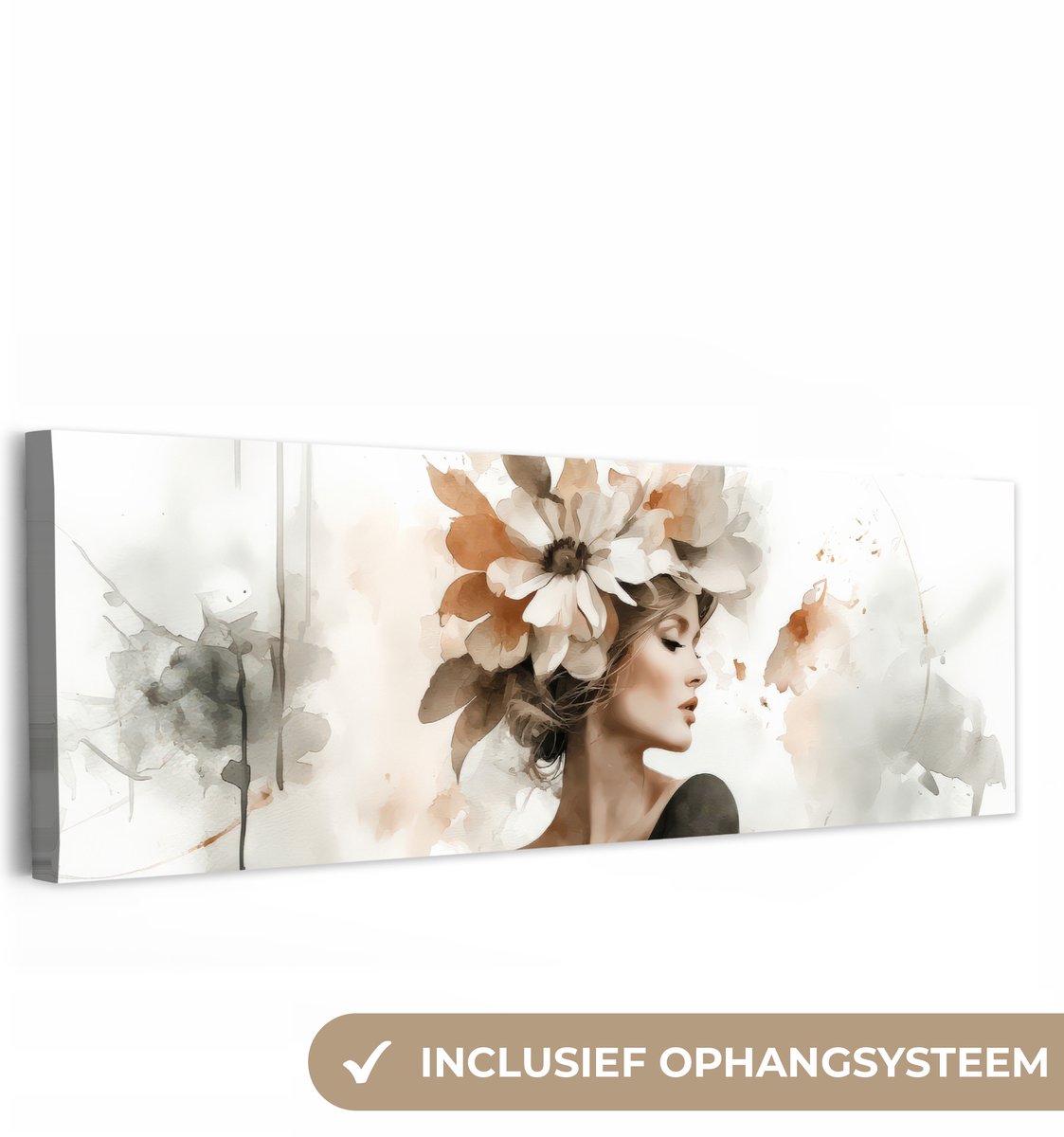Canvas schilderij 150x50 cm - Exclusieve wanddecoratie Bloesem - Portret - Gezicht - Muurdecoratie woonkamer - Slaapkamer decoratie - Kamer accessoires - Schilderijen op canvas
