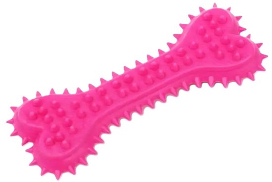 Roze botvormig kauwspeeltje met nopjes en stekels, op witte achtergrond.