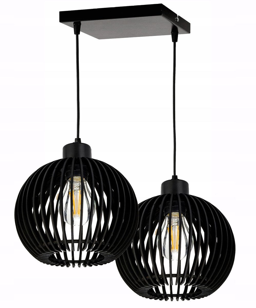 Zwarte Hanglamp Loft met Hout, 2x E27 Fitting
