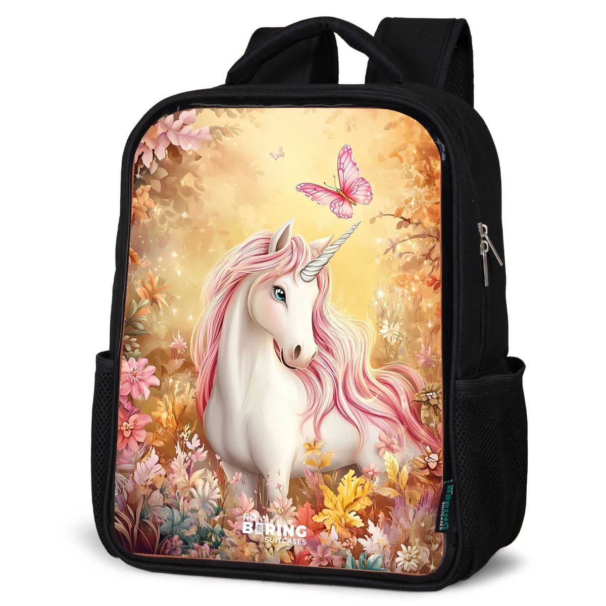 NoBoringSuitcases.com® - Rugzak zwart meisjes - Schooltas meisje - NoBoringSuitcases.com® - Rugzak zwart - Schooltas jongen & meisje - Eenhoorn - Vlinder - Roze - Manen - Rugtas voor school - Boekentas kind - Schoolrugzak - Kinderrugzak