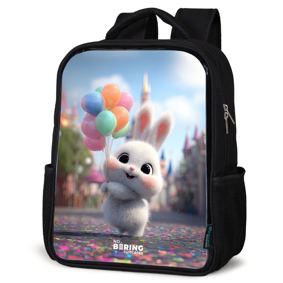 NoBoringSuitcases.com® - Rugzak zwart meisjes - Schooltas meisje - NoBoringSuitcases.com® - Rugzak zwart - Schooltas jongen & meisje - Konijn - Ballonnen - Rugtas voor school - Boekentas kind - Schoolrugzak - Kinderrugzak