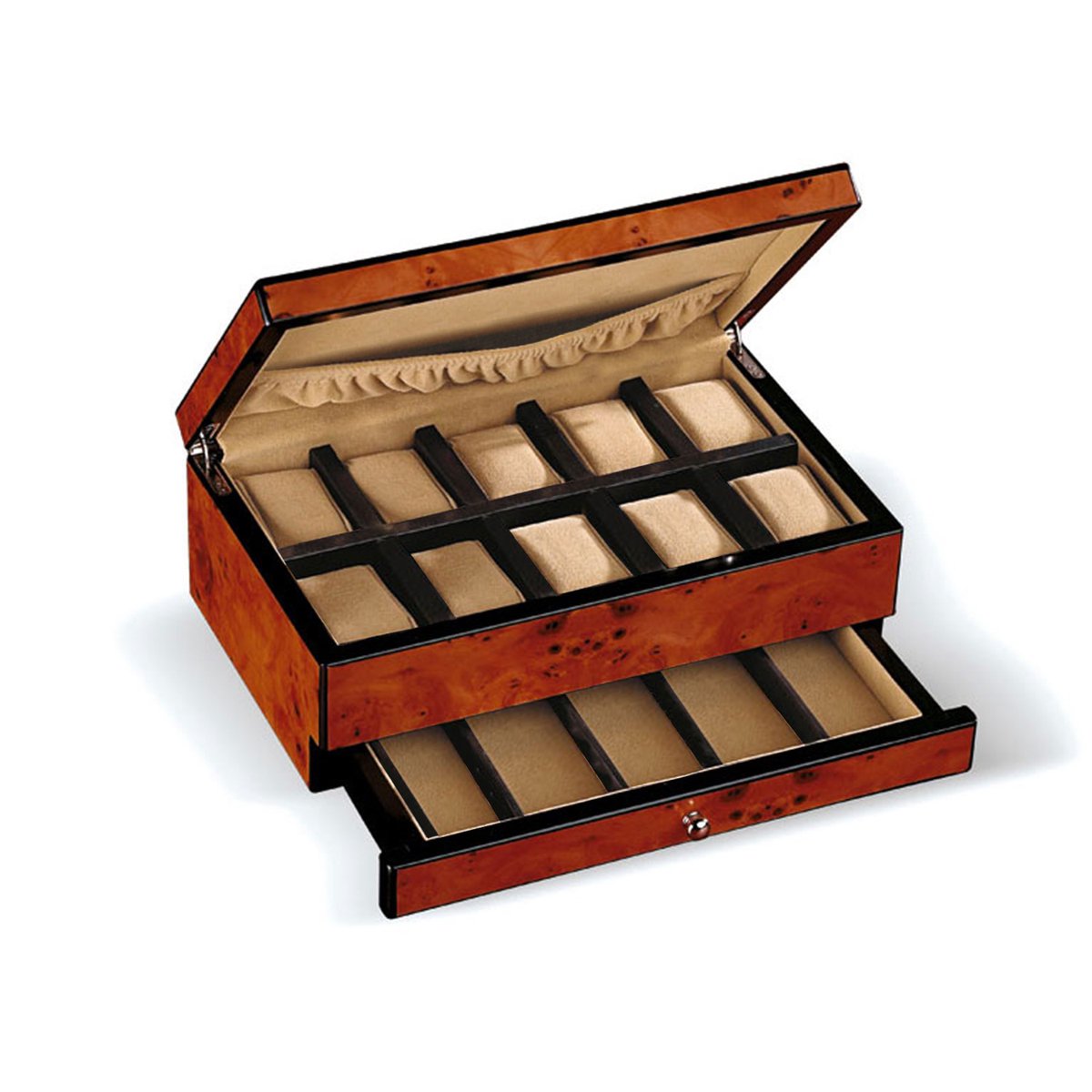 Horlogebox in iepenhouten design, met 15 vakken voor horloges en horlogebanden, scharnierend deksel en elastisch vak