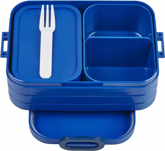 Boîte à lunch bento Mepal bleue ouverte avec fourchette et compartiments.