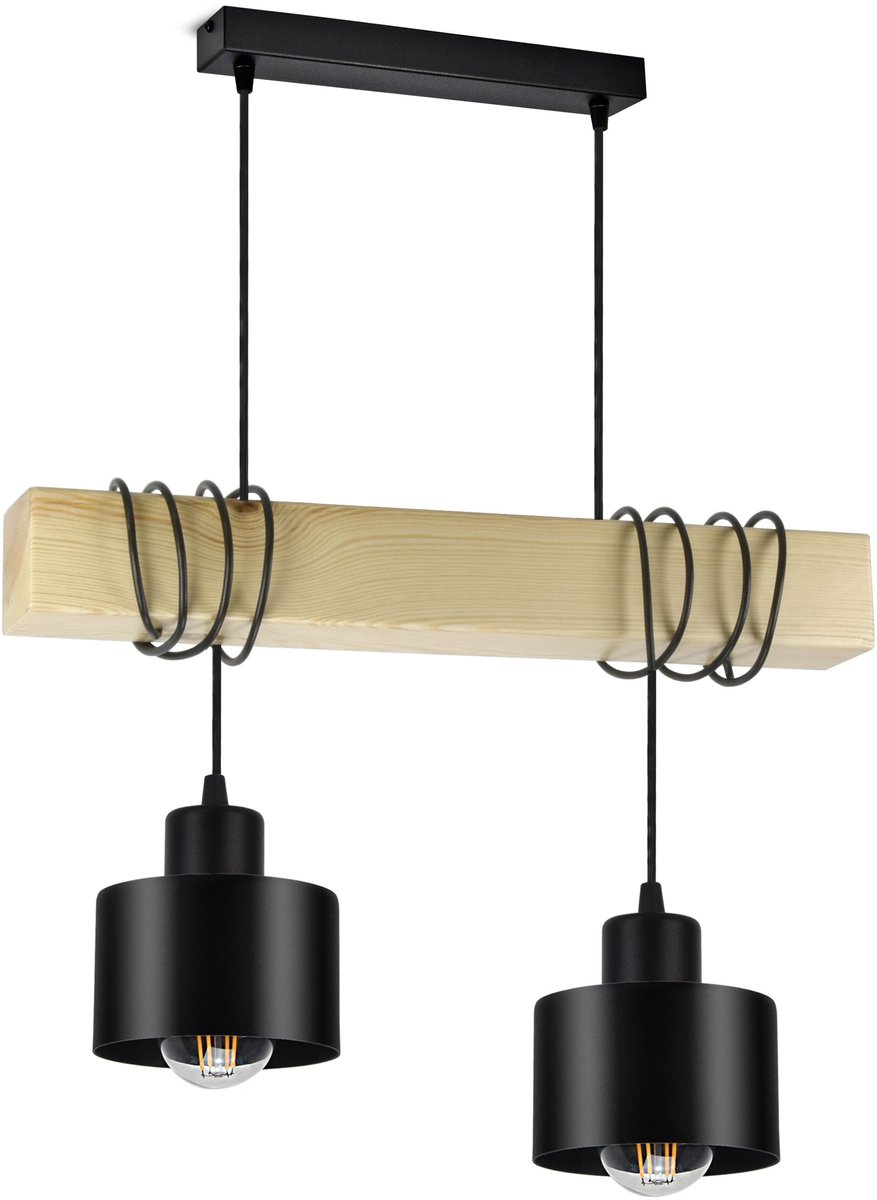 Hanglamp Zwart Houten Balk LED E27 - Modern Design