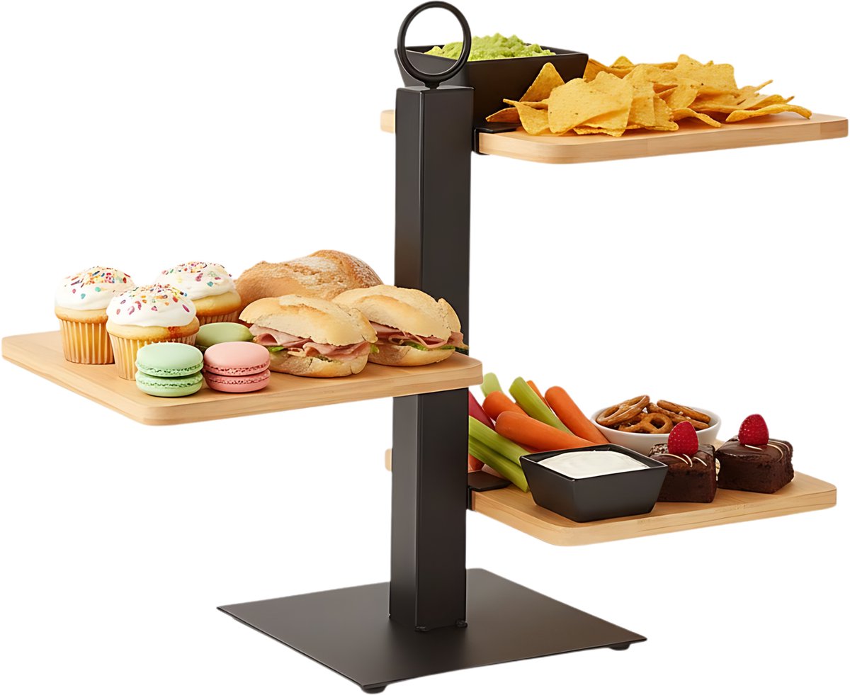 Lomera Etagère Metaal Bamboe - 3 Laags Etagère - Serveertoren Bamboe - Bamboe Hout - High Tea Etagère - Stijlvolle Serveertoren - Hapjes Serveren - Decoratieve Etagère - Sausbakje Inbegrepen - Etagère Voor Hapjes