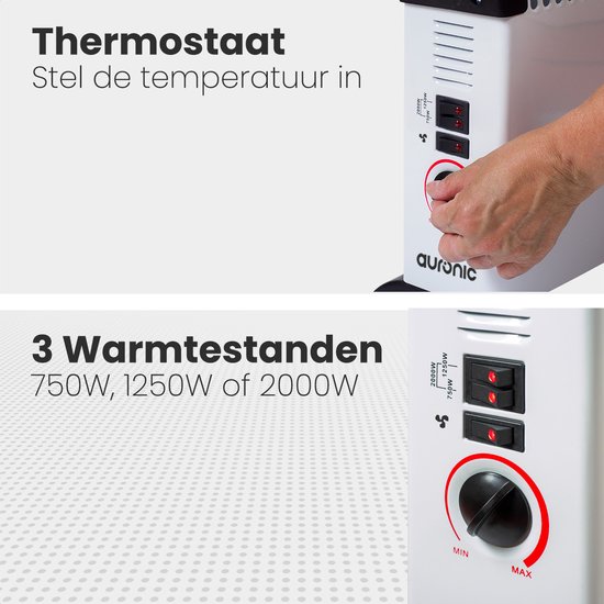 Auronic Elektrische Convectorkachel - 3 Warmtestanden Met Ventilator - 750/1250/2000 Watt - Regelbare Thermostaat - Ventilatorkachel - Oververhittingsbescherming - Wit