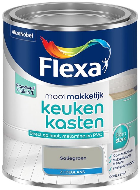 Blik Flexa Keukenkasten verf Saliegroen zijdeglans 0,75L.