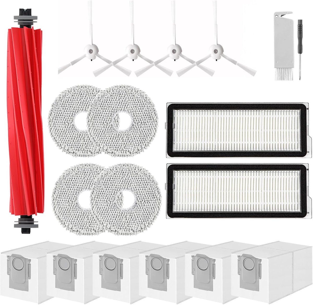 Accessoires gescht voor Roborock Qrevo Pro, Qrevo S stofzuiger, 1 hoofdborstel, 2 HEPA-filters, 6 stofzakken, 4 reinigingsdoeken, 4 zijborstels (wit), 1 borstel, 1 schroevendraaier