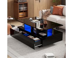 YEHTOKHOME Hoogglans Salontafel met opbergruimte en LED Verlichting - Stijlvolle bijzettafel met 2 lades - 90x55x41 cm - Koffietafel voor woonkamer - Zwart