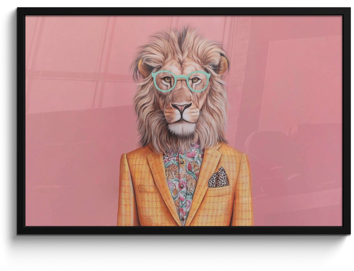 FrameYourWall Poster in lijst - Fotolijst 90x60 cm - Posters - Leeuw - Pak - Geruit - Bril - Posterlijst zwart - Decoratie - Wanddecoratie woonkamer - Muurdecoratie slaapkamer