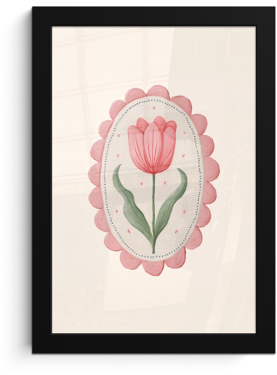 FrameYourWall Poster in lijst - Fotolijst 20x30 cm - Posters - Tulp - Lijst - Ovaal - Illustratie - Posterlijst zwart - Decoratie - Wanddecoratie woonkamer - Muurdecoratie slaapkamer Tulp - Ovaal