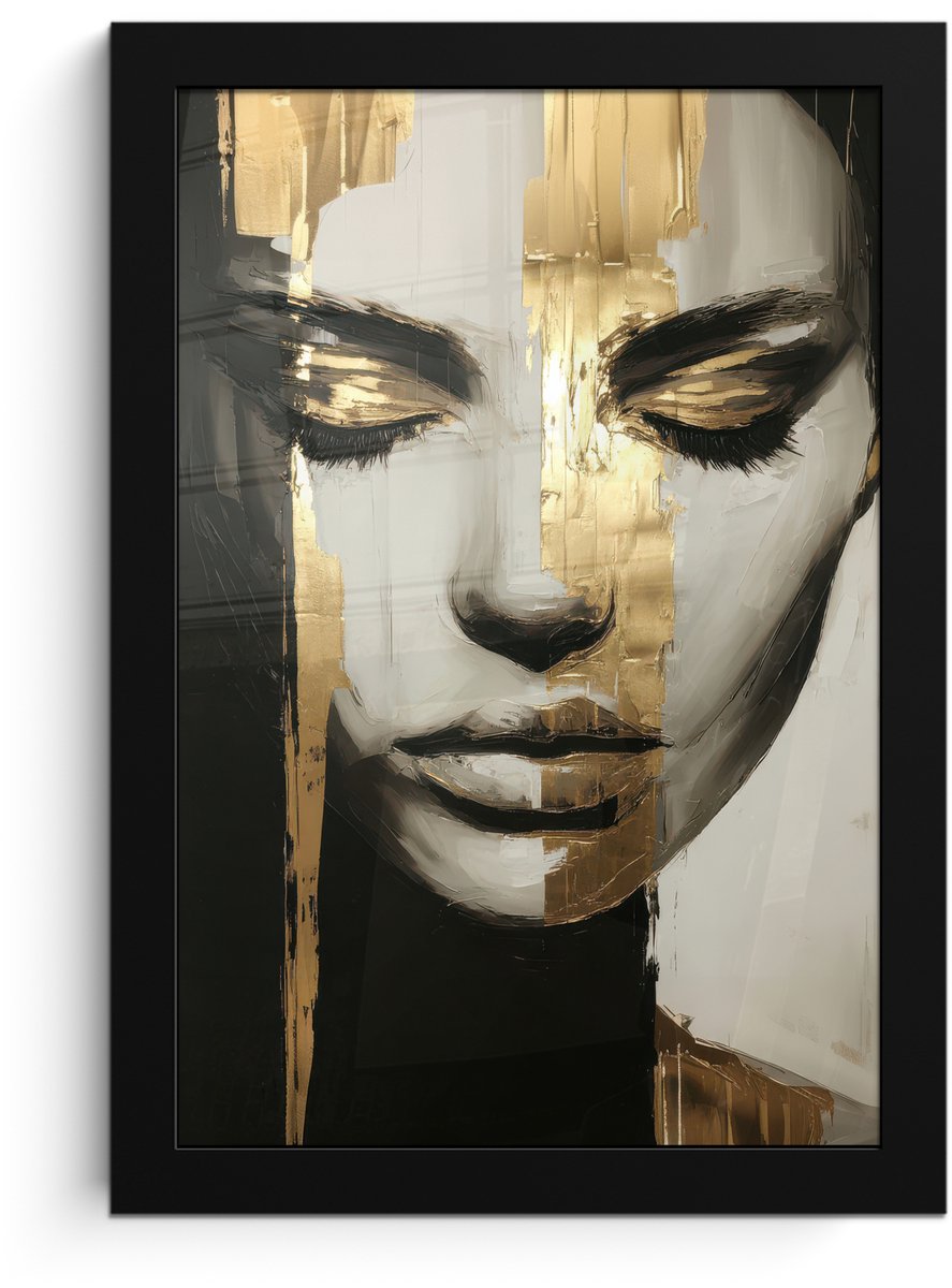 FrameYourWall Poster in lijst - Fotolijst 20x30 cm - Posters - Ogen - Gezicht - Goud - Strepen - Posterlijst zwart - Decoratie - Wanddecoratie woonkamer - Muurdecoratie slaapkamer