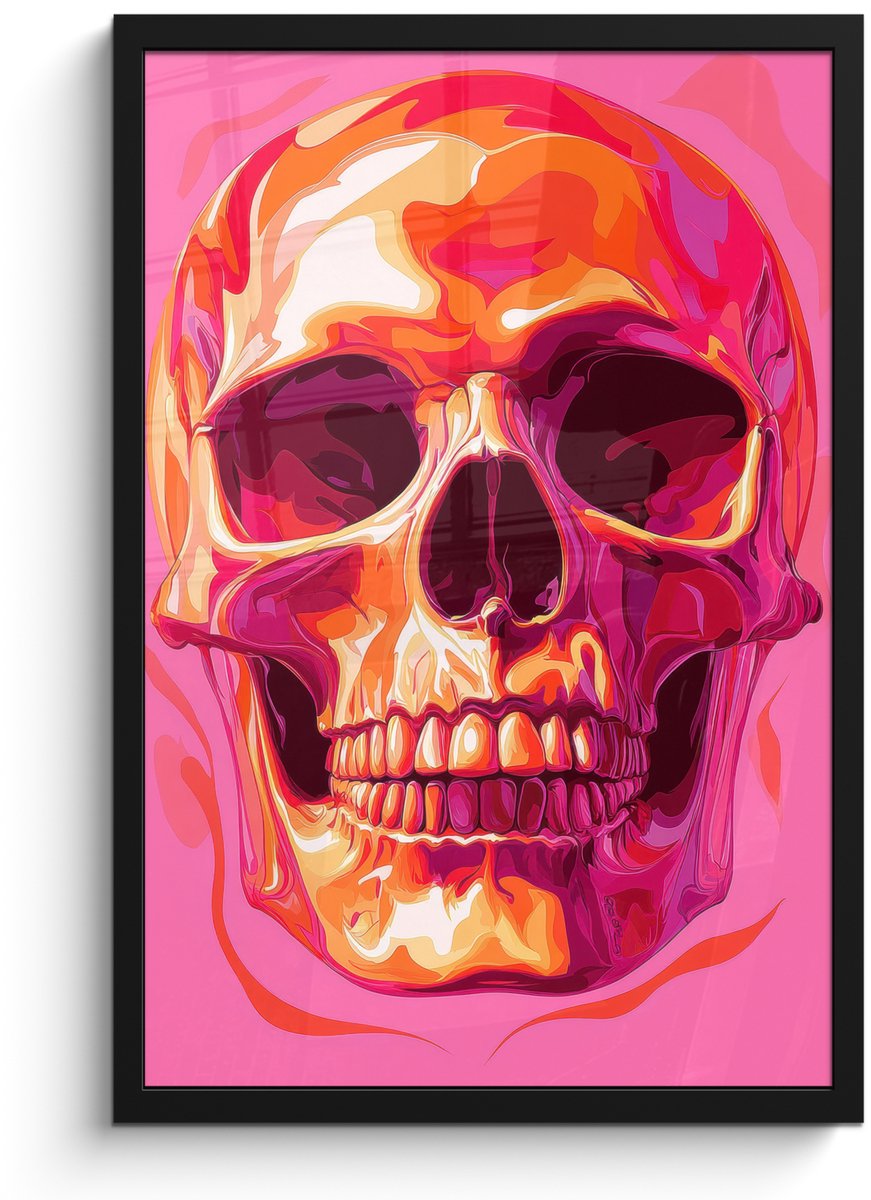 FrameYourWall Poster in lijst - Fotolijst 40x60 cm - Posters - Felroze - Tanden - Schedel - Posterlijst zwart - Decoratie - Wanddecoratie woonkamer - Muurdecoratie slaapkamer Schedel - Tanden