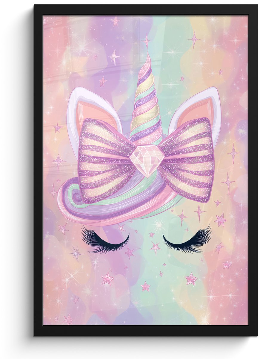 FrameYourWall Poster in lijst - Fotolijst 40x60 cm - Posters - Eenhoorn - Glitters - Regenboog - Pastel - Posterlijst zwart - Decoratie - Wanddecoratie woonkamer - Muurdecoratie slaapkamer