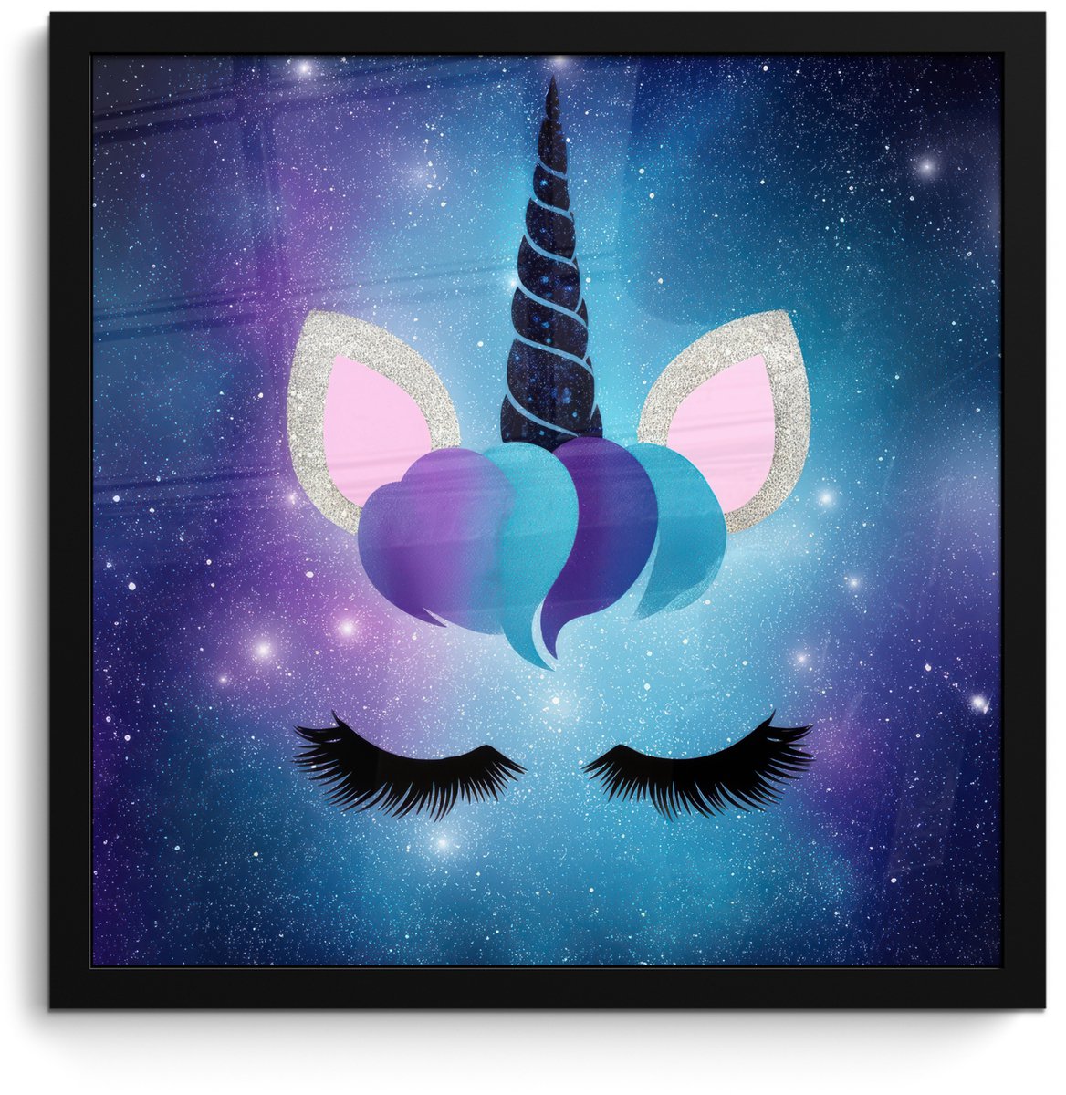FrameYourWall Poster in lijst - Fotolijst 40x40 cm - Posters - Eenhoorn - Sterren - Magisch - Blauw - Posterlijst zwart - Decoratie - Wanddecoratie woonkamer - Muurdecoratie slaapkamer Eenhoorn - Sterrenstelsel