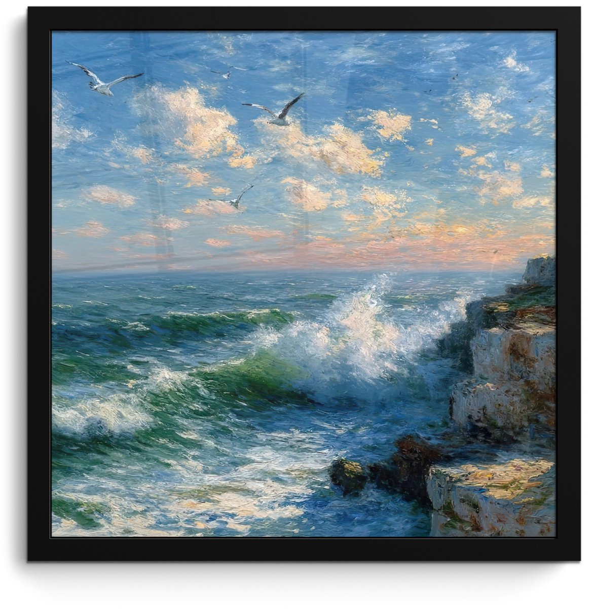 FrameYourWall Poster in lijst - Fotolijst 40x40 cm - Posters - Zee - Golven - Rotsen - Meeuwen - Posterlijst zwart - Decoratie - Wanddecoratie woonkamer - Muurdecoratie slaapkamer