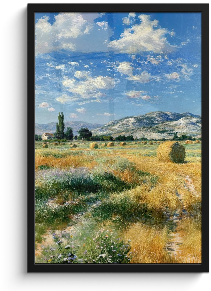 FrameYourWall Poster in lijst - Fotolijst 40x60 cm - Posters - Landschap - Strobalen - Bergen - Wolken - Posterlijst zwart - Decoratie - Wanddecoratie woonkamer - Muurdecoratie slaapkamer