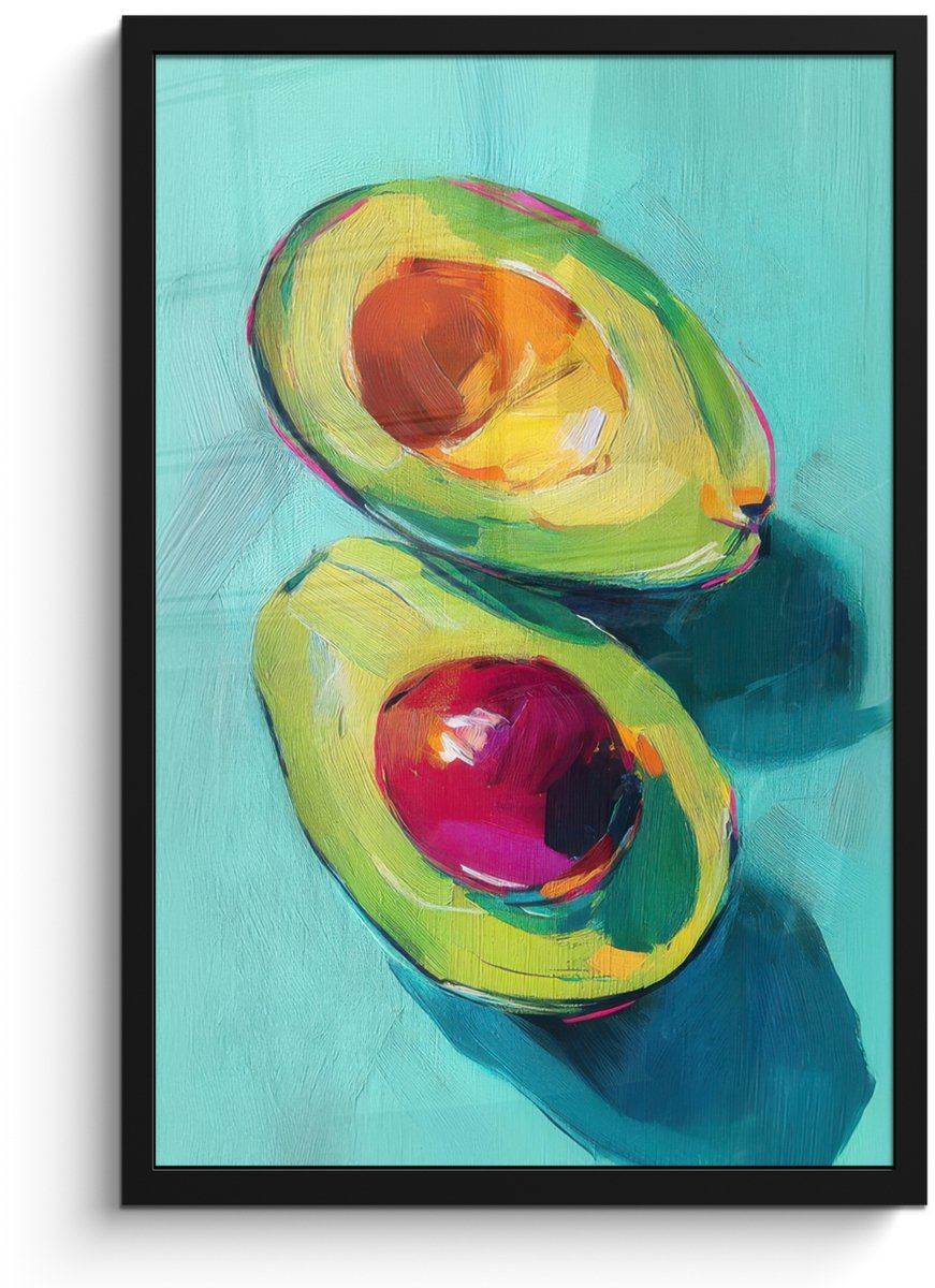 FrameYourWall Poster in lijst - Fotolijst 40x60 cm - Posters - Avocado - Groen - Pit - Schaduw - Posterlijst zwart - Decoratie - Wanddecoratie woonkamer - Muurdecoratie slaapkamer
