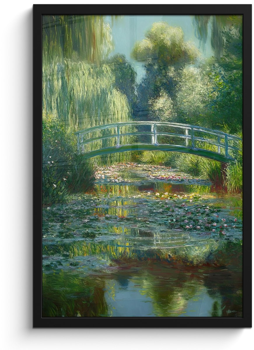 FrameYourWall Poster in lijst - Fotolijst 40x60 cm - Posters - Brug - Hout - Vijver - Waterlelies - Posterlijst zwart - Decoratie - Wanddecoratie woonkamer - Muurdecoratie slaapkamer
